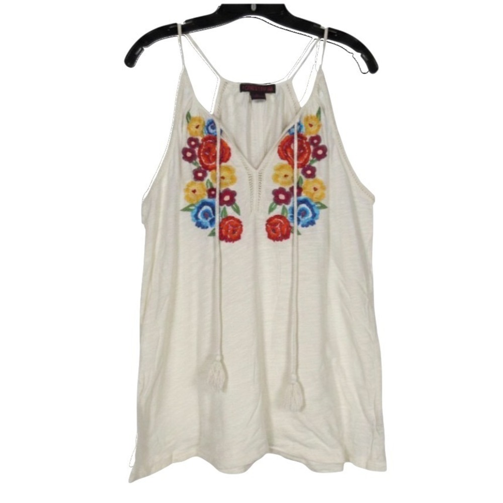ROCK & ROLL COWGIRL Ivory FLORAL EMBROIDERED Tassels LACE TRIM Halter Tank Top L